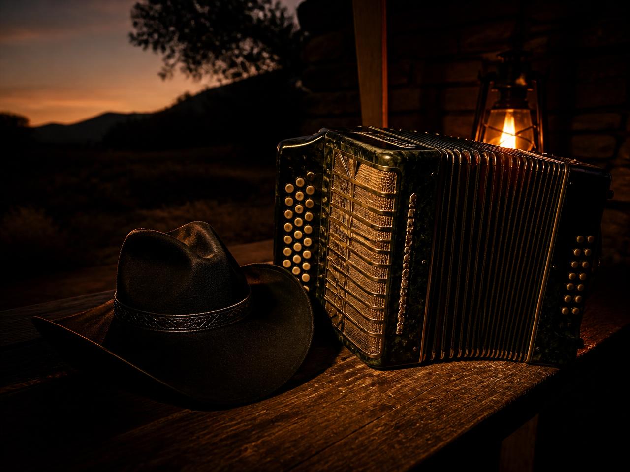 Sombrero vaquero y acordeón sobre una banca de madera al atardecer