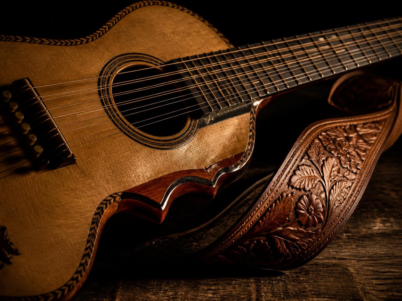 Cuerdas de guitarra y correa de cuero repujado